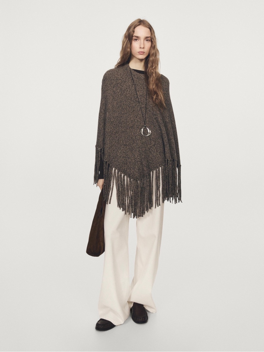 MASSSIMO DUTTI WOOL BLEND MOULINÉ KNIT CAPE PONCHO WITH FRINGING in BROWN MARL